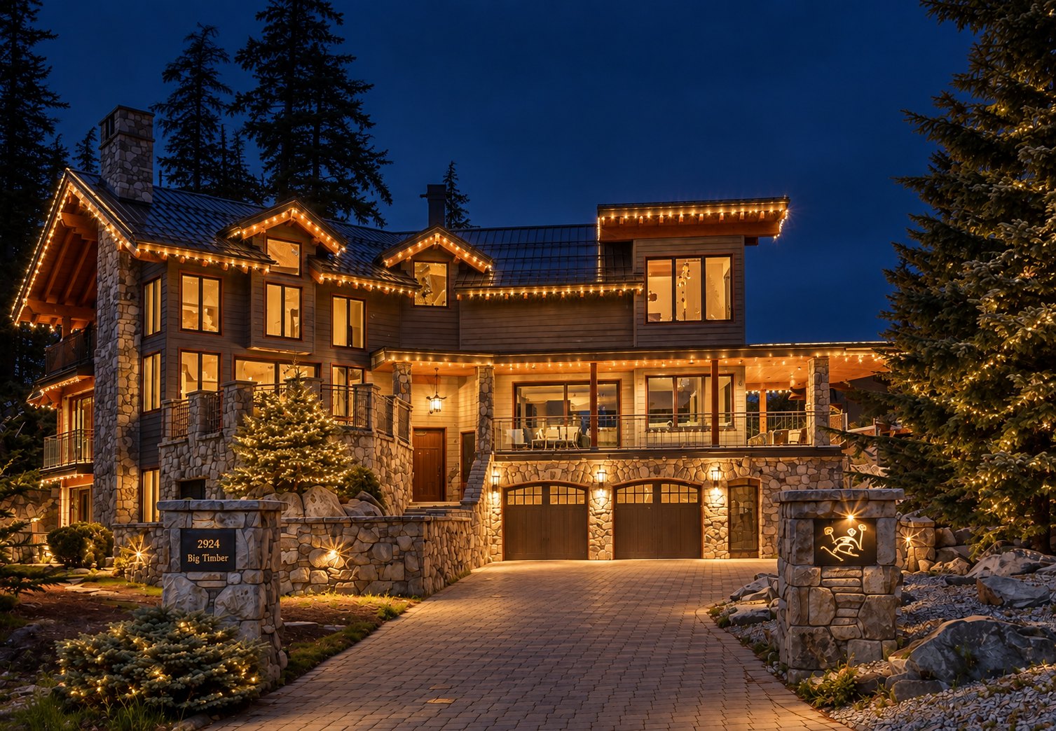 A Whistler home at dusk with its Christmas lights on